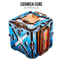 A futuristic metallic cube container labeled 'COSMICA CUBE' with 'ALTAIR BLUE' text above it, shown on a plain white background. The cube is primarily bright blue with orange glowing accents and dark gray structural details.