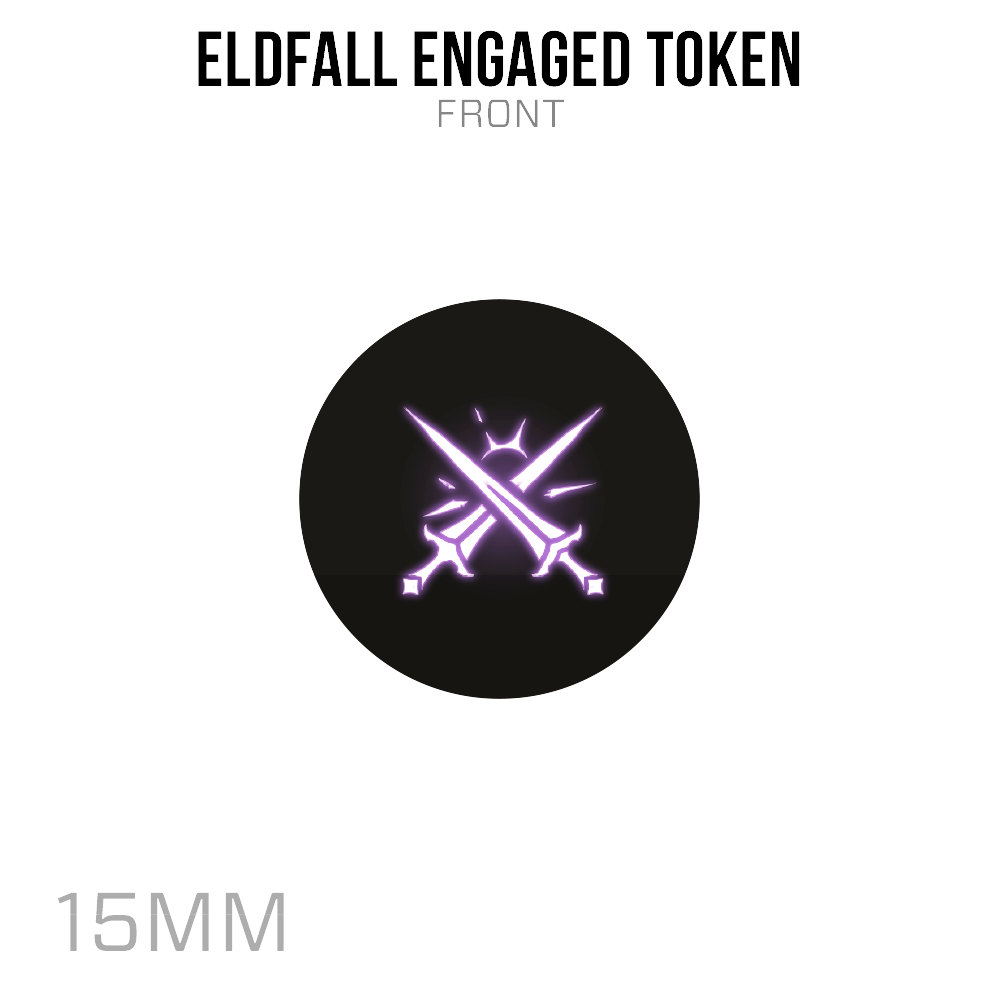 Eldfall Engaged Token front view with crossed swords symbol on a black circle, size 15MM.