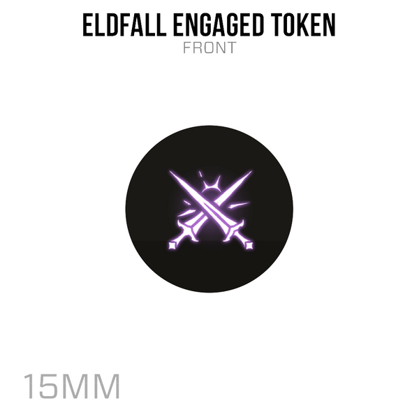 Eldfall Engaged Token front view with crossed swords symbol on a black circle, size 15MM.