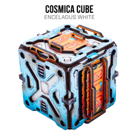 A 3D cube-shaped model or box with a futuristic sci-fi design, featuring light blue, white, and orange panels with dark gray structural accents. The text 'COSMICA CUBE ENCELADUS WHITE' is displayed at the top on a plain white background.