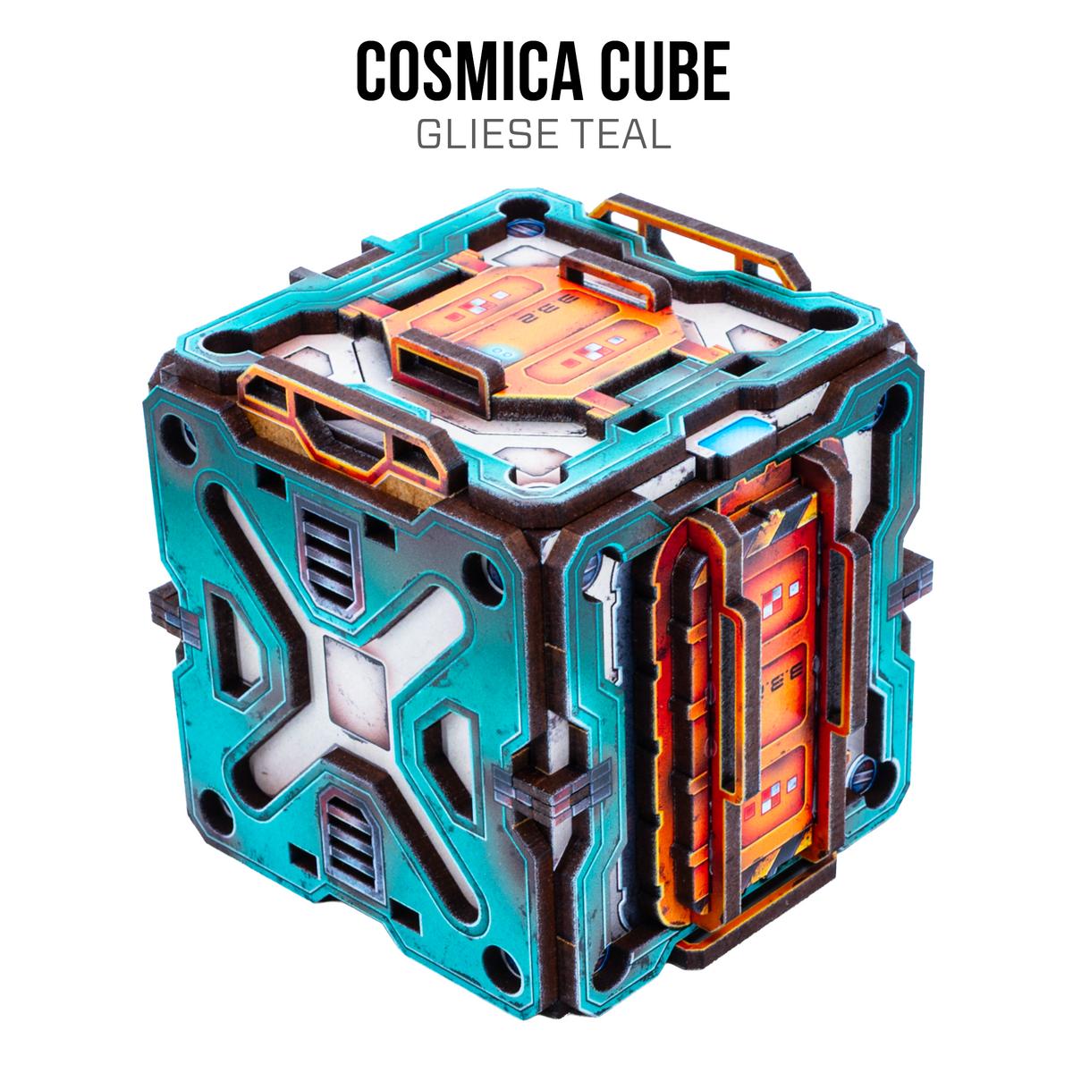 A 3D sci-fi cube puzzle or model labeled 'COSMICA CUBE' with 'GLIESE TEAL' text above it, shown on a plain white background. The cube features a teal, black, and orange design with a transparent front panel.