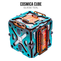 A 3D sci-fi cube puzzle or model labeled 'COSMICA CUBE' with 'GLIESE TEAL' text above it, shown on a plain white background. The cube features a teal, black, and orange design with a transparent front panel.