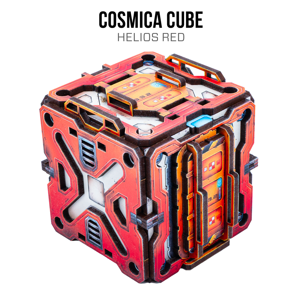The cube is primarily red-orange with black structural framing and small blue accents.