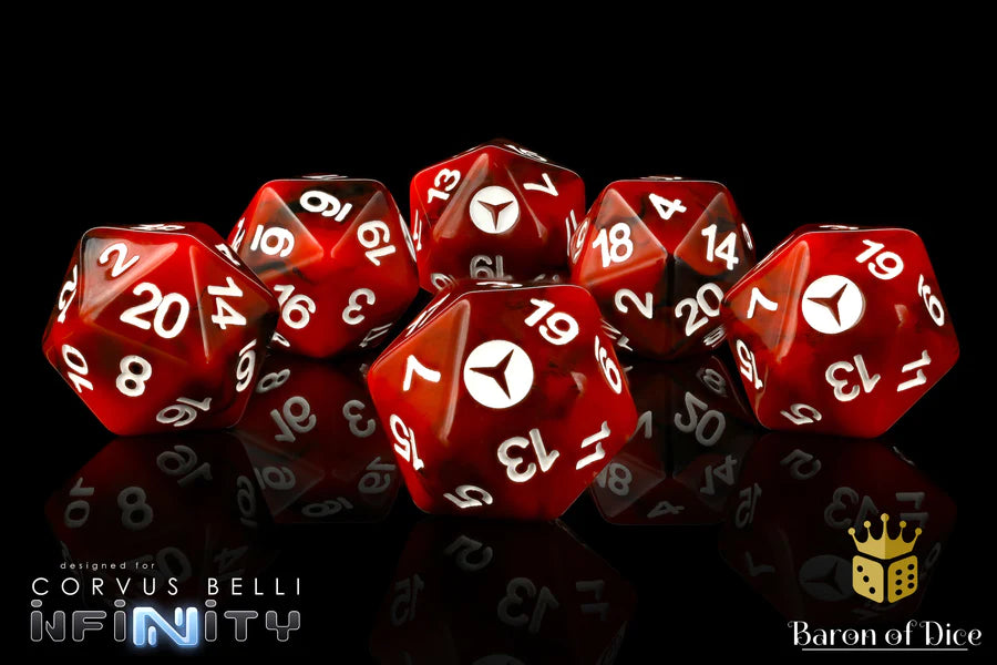 Hundred Kingdom Faction Dice on Red swirl